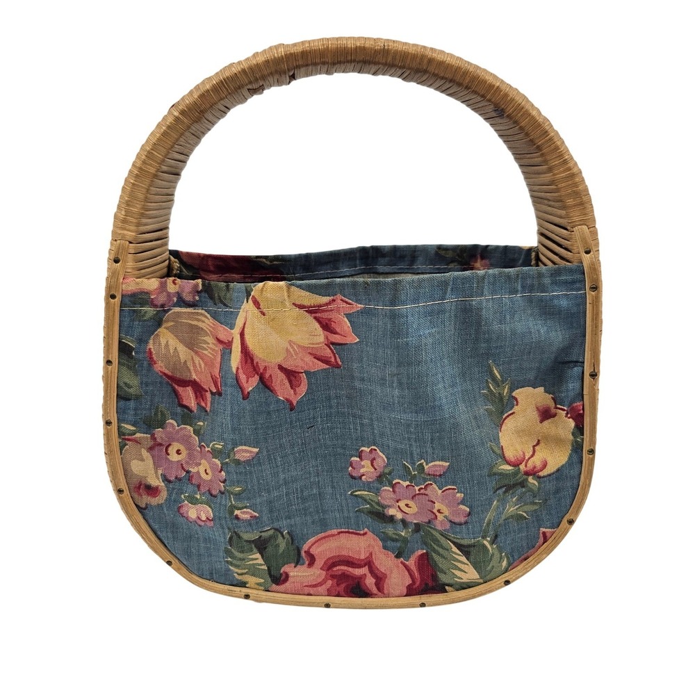 Vintage 1940s Woven Floral Basket Bag Top Handle Straw Wicker Purse